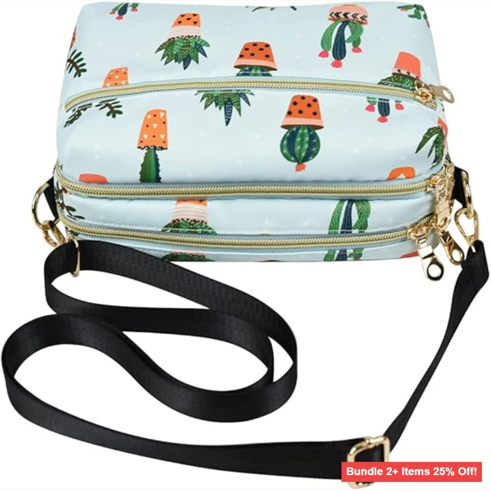 Nylon Crossbody Bag with Multiple Zipper Compartments Adjustable Straps